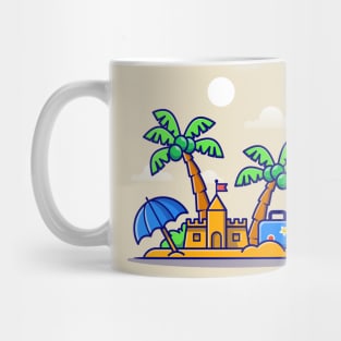 Beach Summer, Sand Castle And Coconut Trees Cartoon Mug